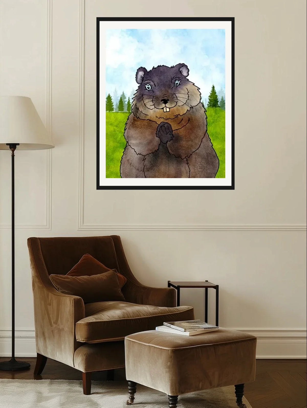 Chuckles the Groundhog - extra large 36 x 48 matted and framed art print shown hanging on a wall