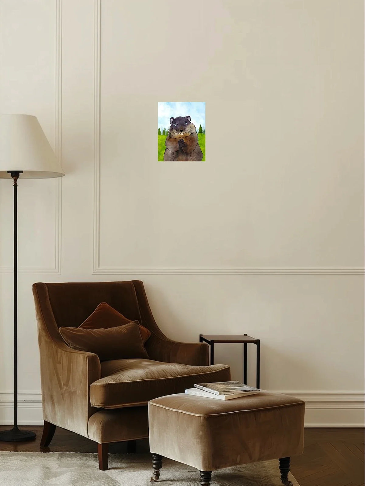 Chuckles the Groundhog - medium 12 x 16 unframed art print shown hanging on a wall