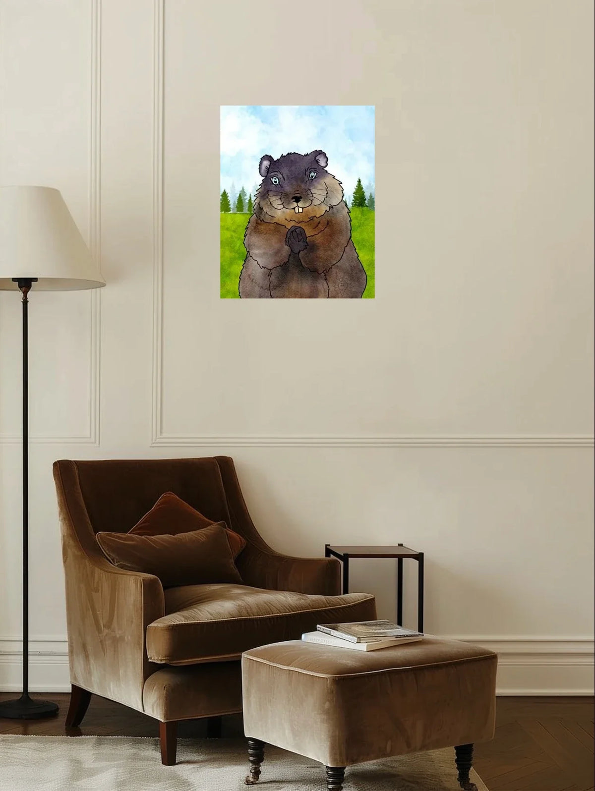 Chuckles the Groundhog - large 24 x 36 unframed art print shown hanging on a wall