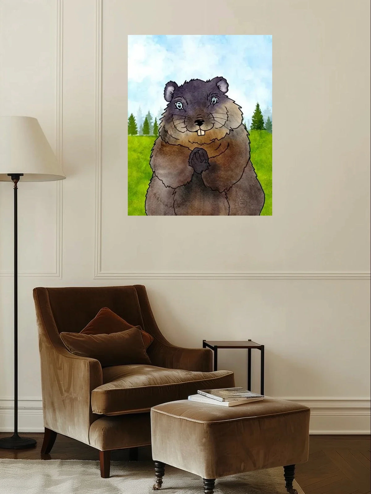 Chuckles the Groundhog - extra large 36 x 48 unframed art print shown hanging on a wall