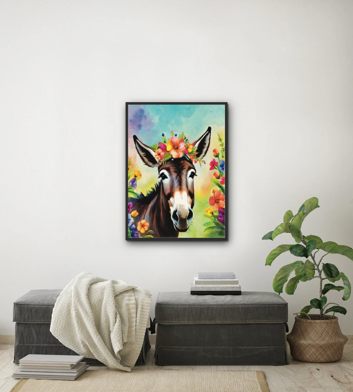 Cleo the Donkey - large 24 x 36 framed art print shown hanging on a wall