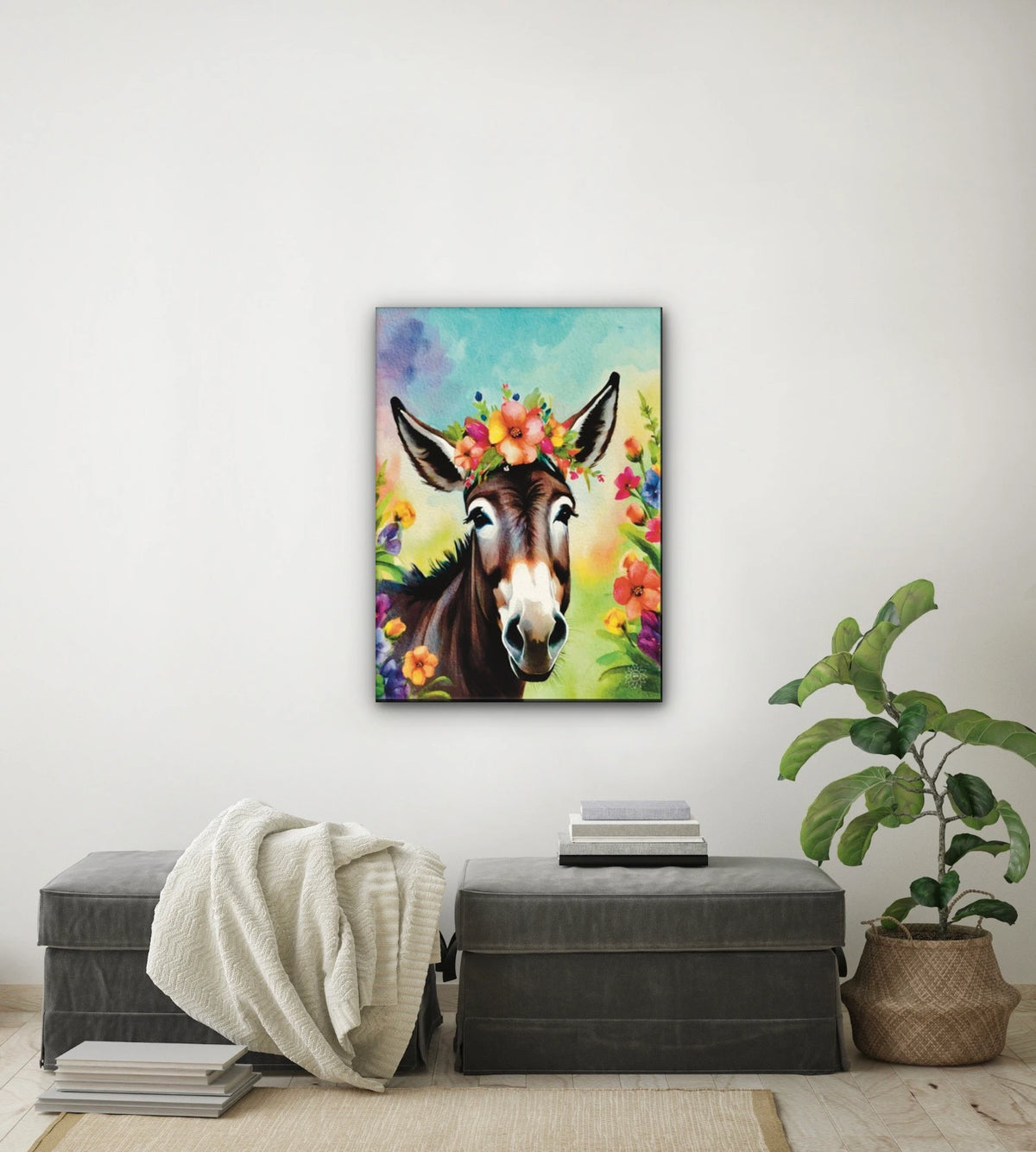 Cleo the Donkey - large 24 x 36 unframed art print shown hanging on a wall