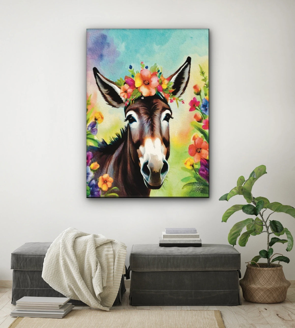 Cleo the Donkey - extra large 36 x 48 unframed art print shown hanging on a wall
