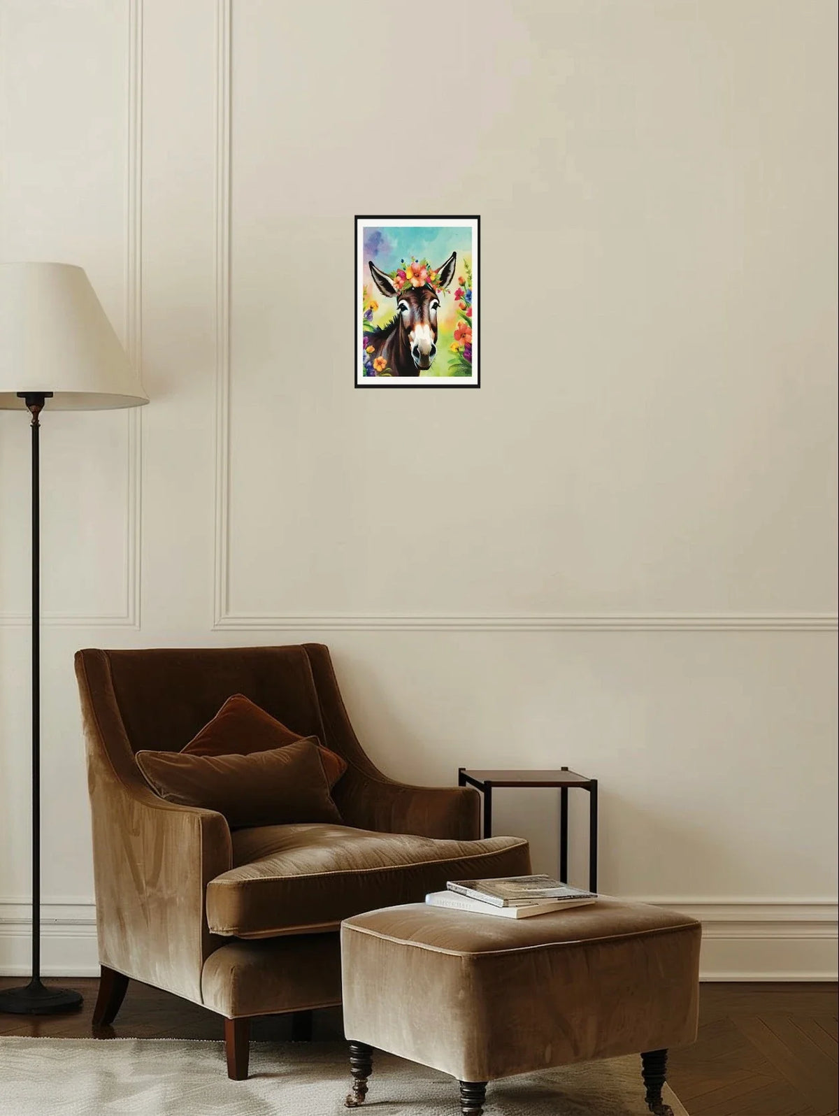 Cleo the Donkey - medium 12 x 16 matted and framed art print shown hanging on a wall