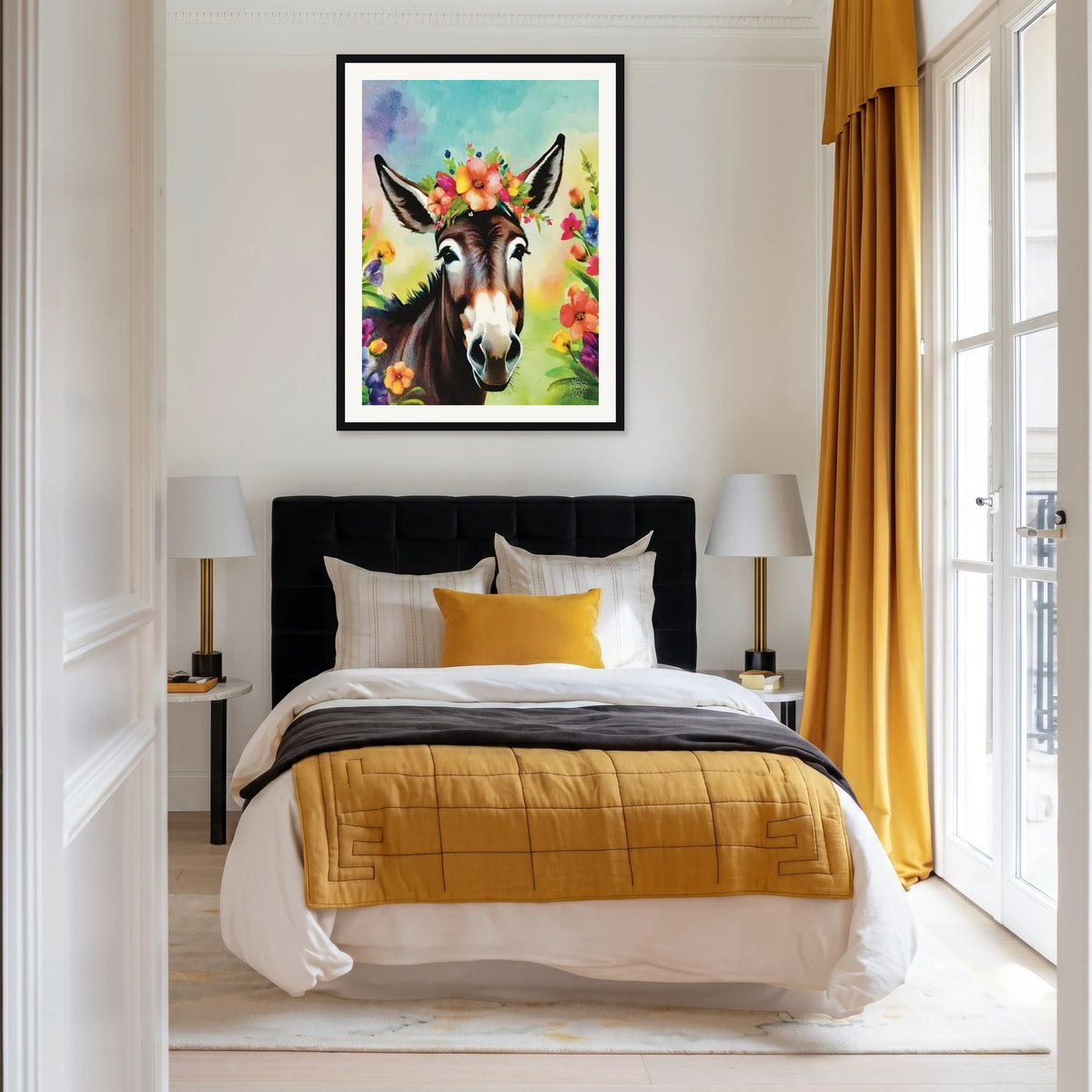 This is an extra large 36 x 48 matted and framed watercolor art print of a donkey wearing a flower crown among wildflowers. Created by professional artists, this high-quality watercolor print on textured matte paper adds a touch of character to any home or office decor.