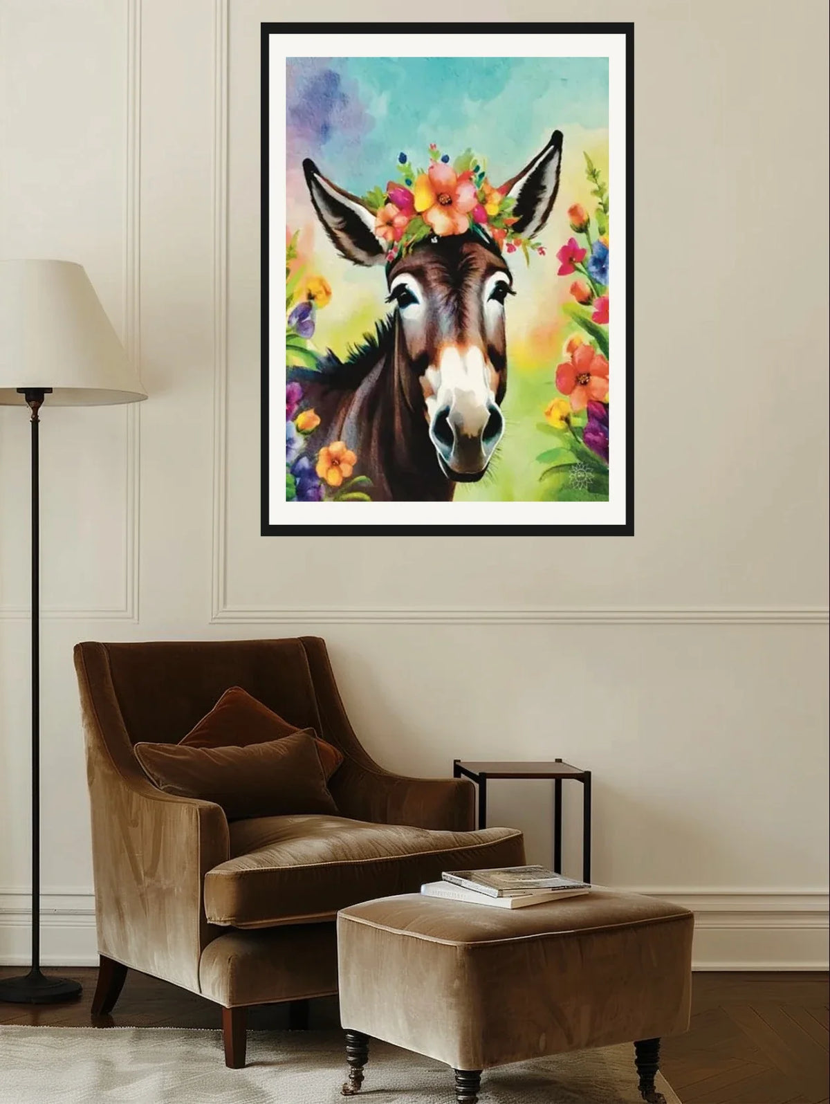 Cleo the Donkey - extra large 36 x 48 matted and framed art print shown hanging on a wall