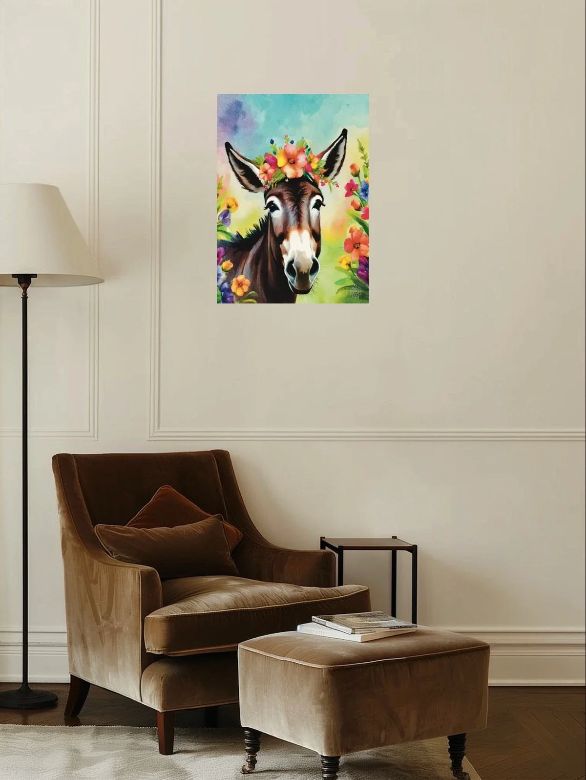 Cleo the Donkey - large 24 x 36 unframed art print shown hanging on a wall