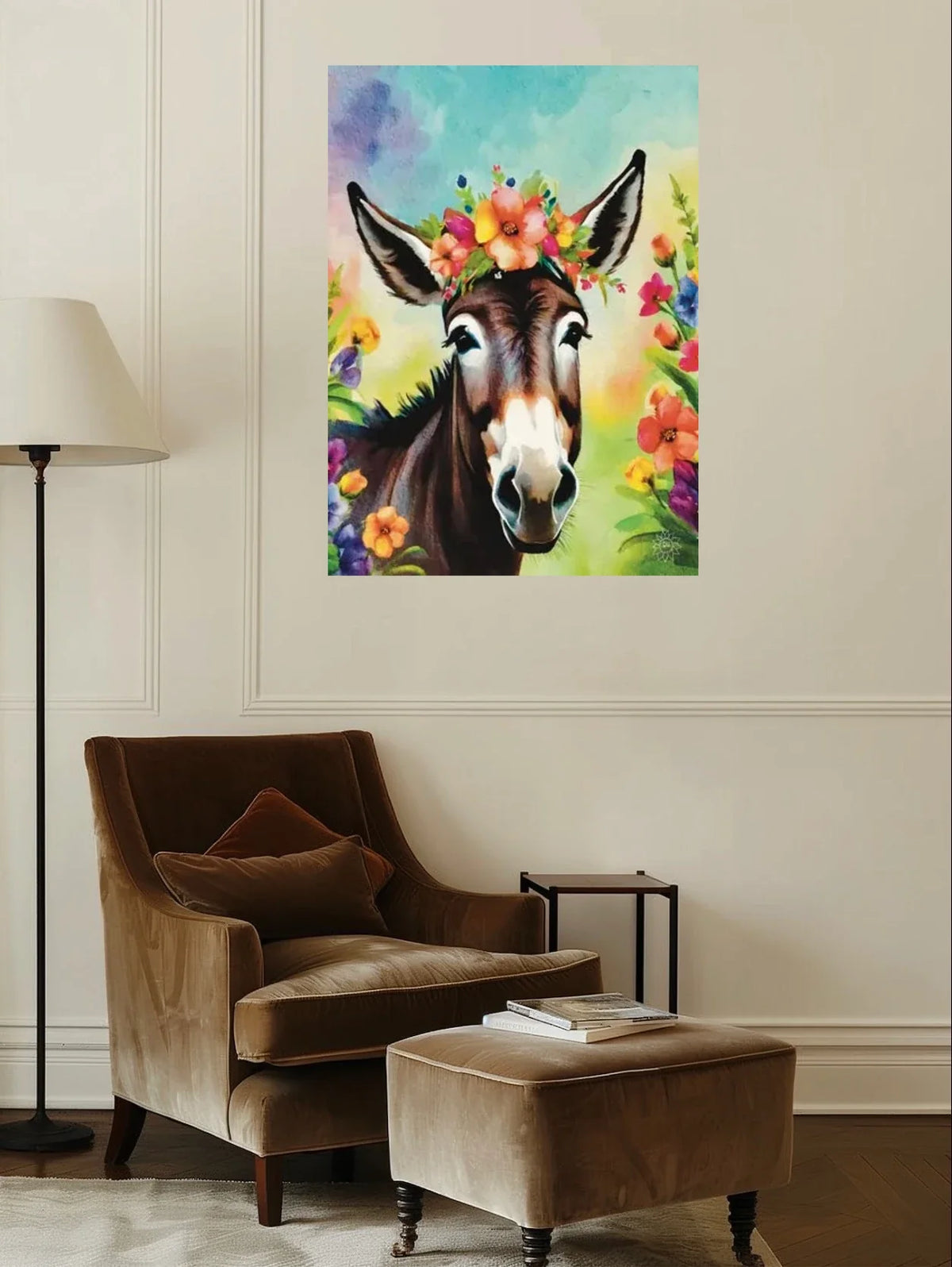Cleo the Donkey - extra large 36 x 48 unframed art print shown hanging on a wall