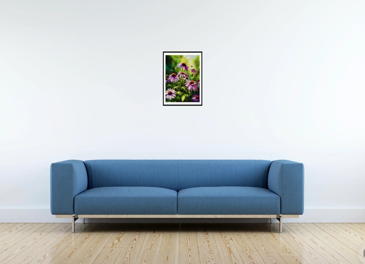 Cone Flowers with Bee - medium 12 x 16 matted and framed art print shown hanging on a wall