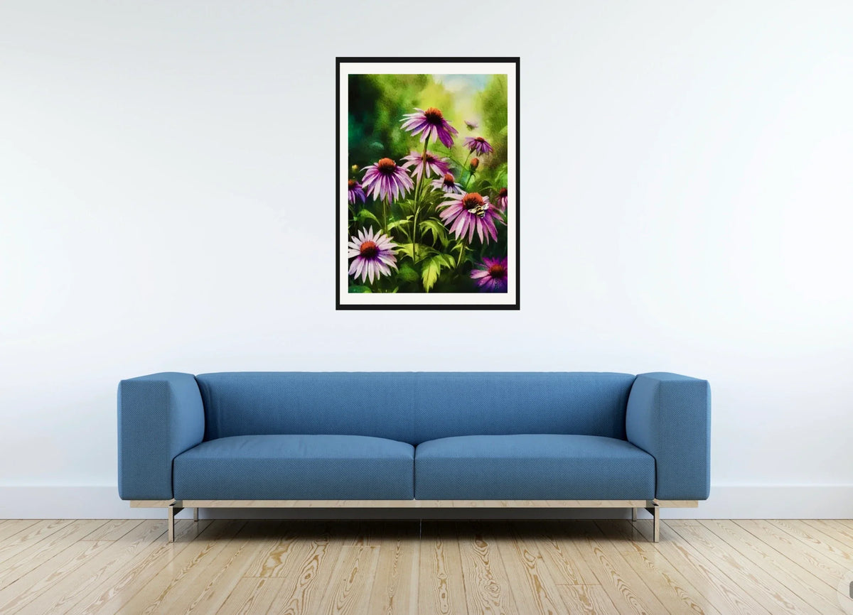 Cone Flowers with Bee - large 24 x 36 matted and framed art print shown hanging on a wall