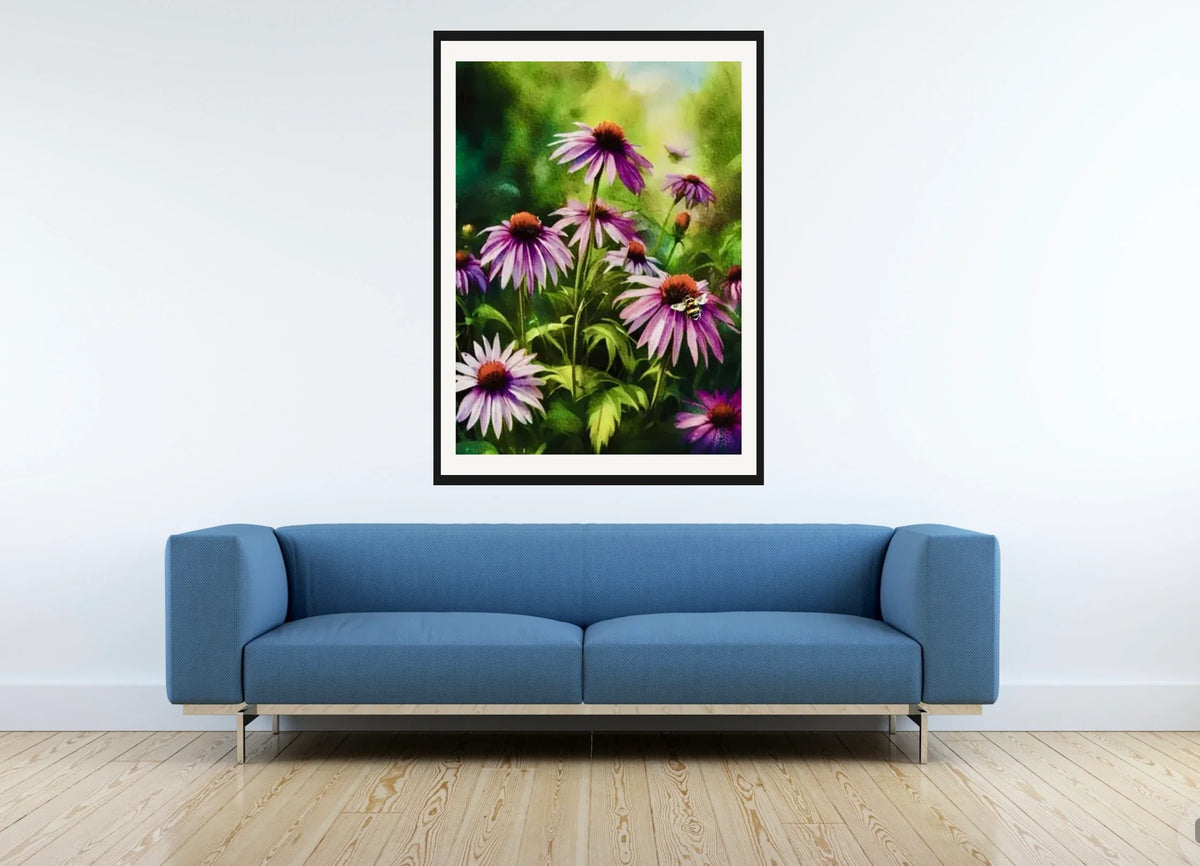 Cone Flowers with Bee - extra large 36 x 48 matted and framed art print shown hanging on a wall