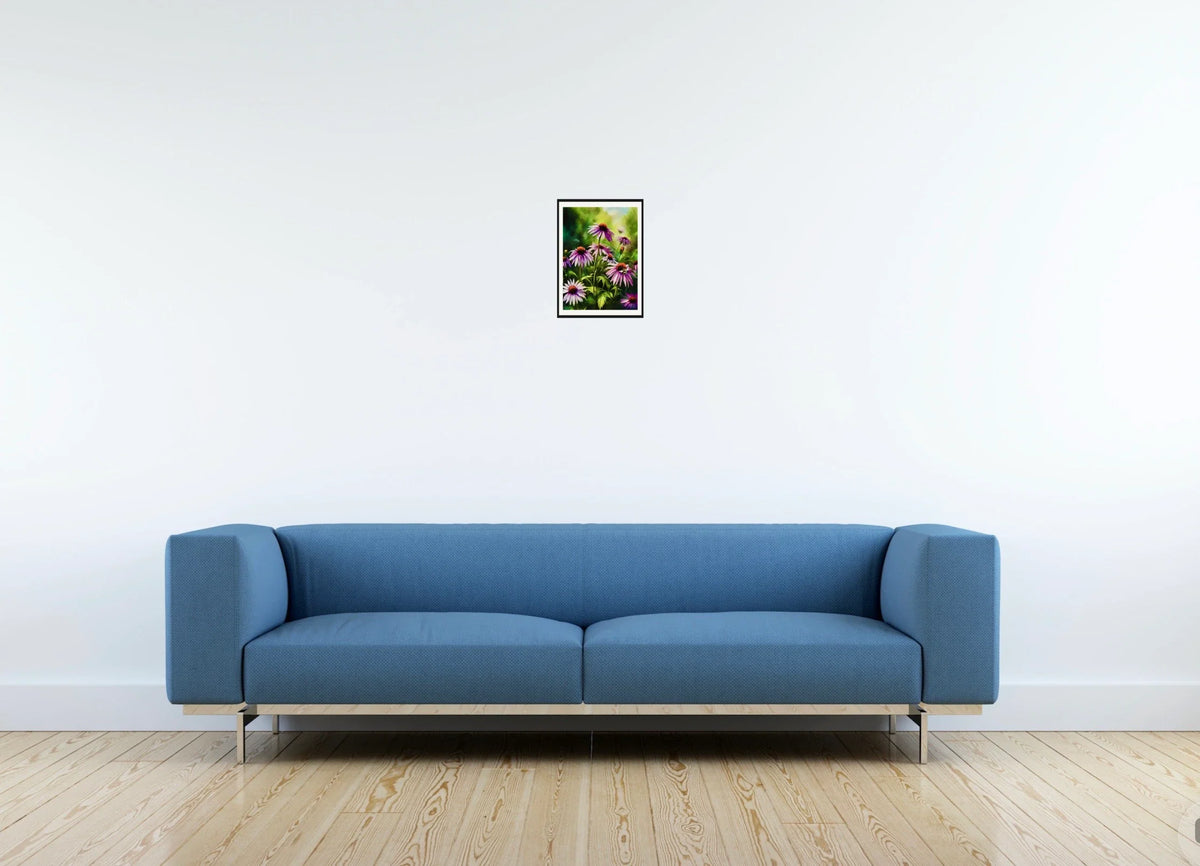 Cone Flowers with Bee - small 8 x 10 matted and framed art print shown hanging on a wall