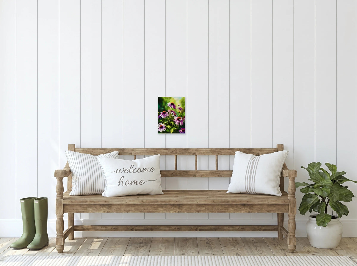 This is a medium 12 x 16 unframed watercolor art print of purple coneflowers with a bee. Created by professional artists, this high-quality watercolor print on textured matte paper adds a touch of character to any home or office decor.