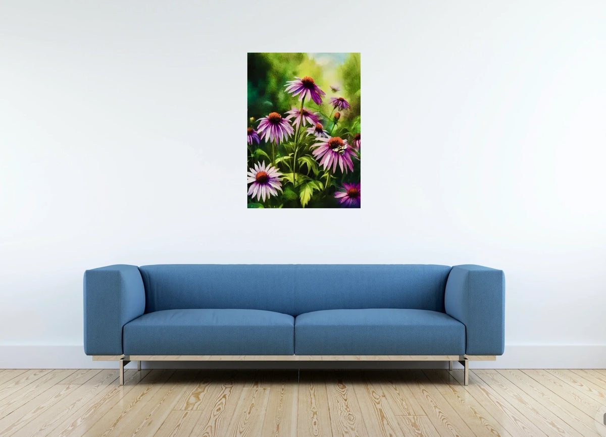 Cone Flowers with Bee - large 24 x 36 unframed art print shown hanging on a wall