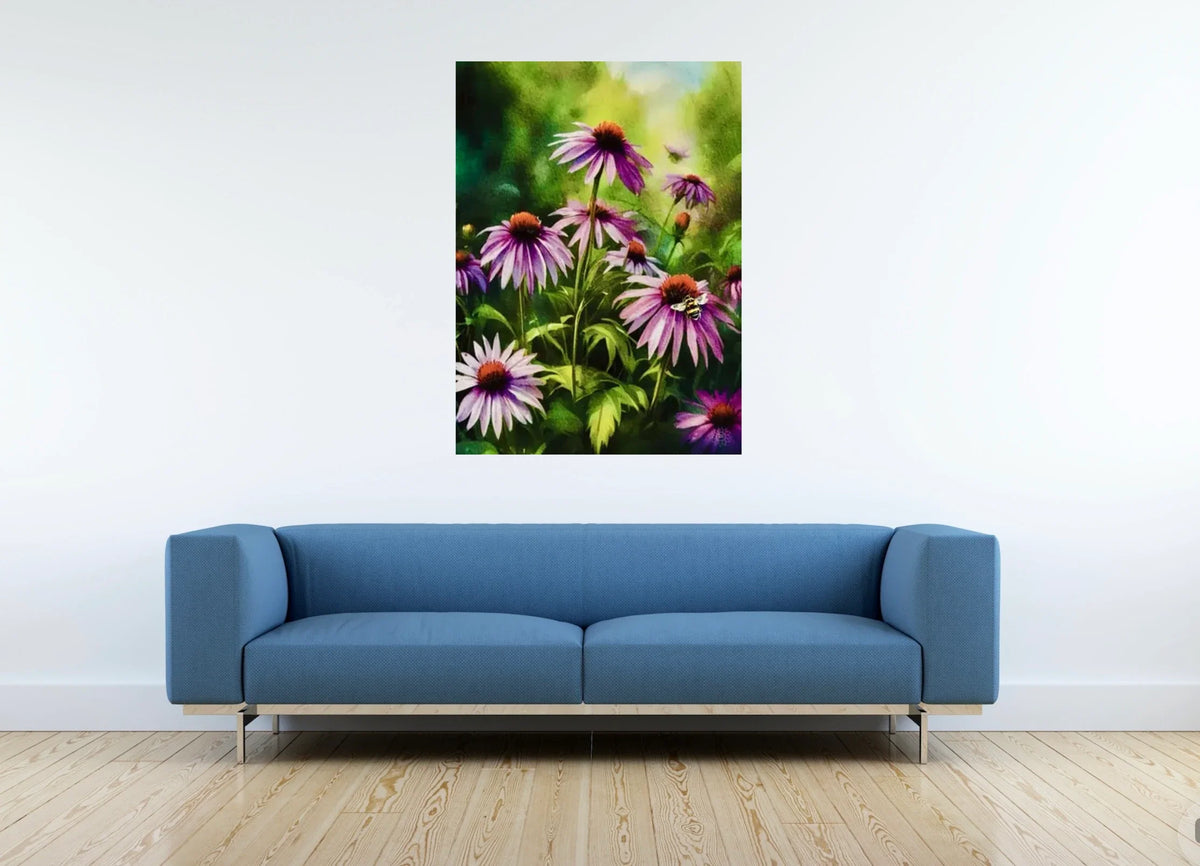 Cone Flowers with Bee - extra large 36 x 48 unframed art print shown hanging on a wall