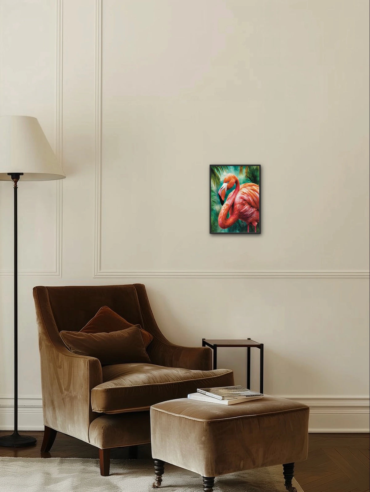 Coral the Flamingo - medium 12 x 16 framed art print shown hanging on a wall