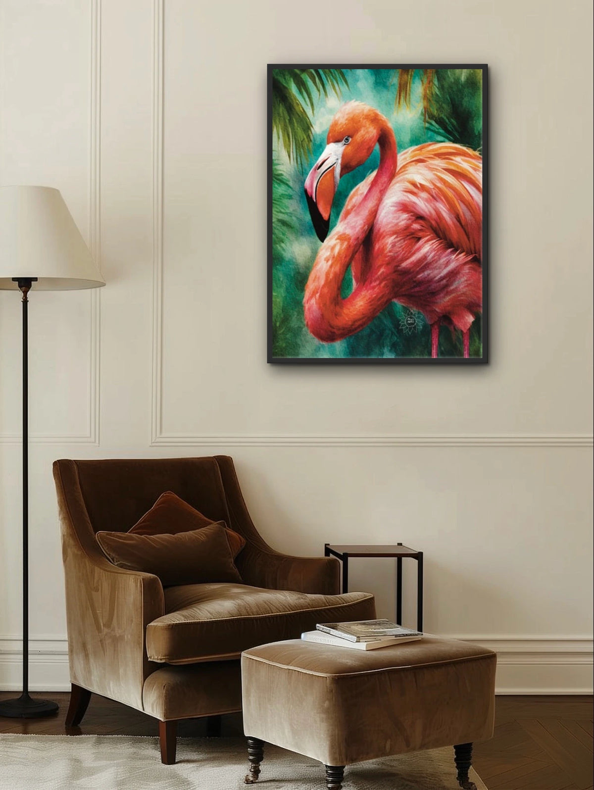 Coral the Flamingo - extra large 36 x 48 framed art print shown hanging on a wall