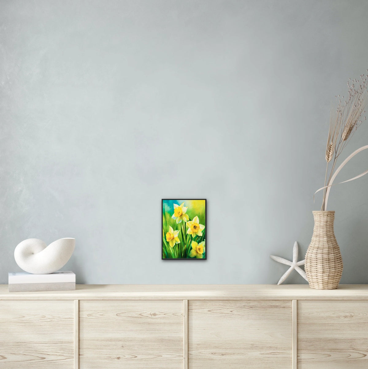 Daffodils - medium 12 x 16 framed art print shown hanging on a wall