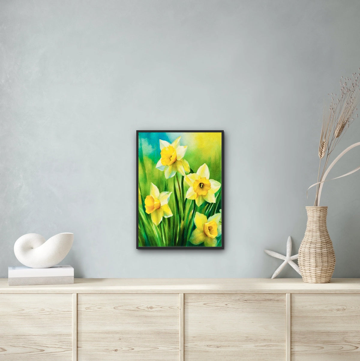 Daffodils - large 24 x 36 framed art print shown hanging on a wall