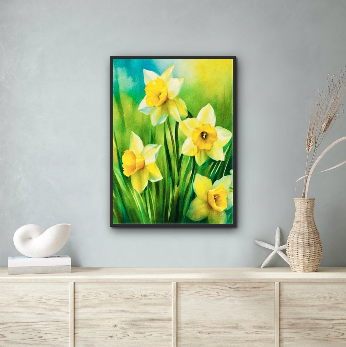 Daffodils - extra large 36 x 48 framed art print shown hanging on a wall