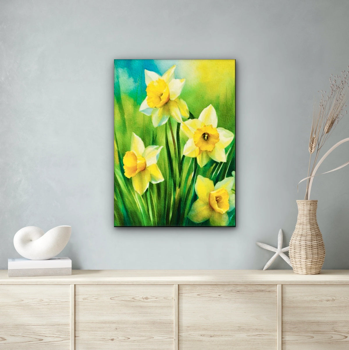 Daffodils - extra large 36 x 48 unframed art print shown hanging on a wall