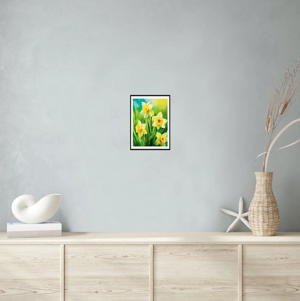 Daffodils - medium 12 x 16 matted and framed art print shown hanging on a wall