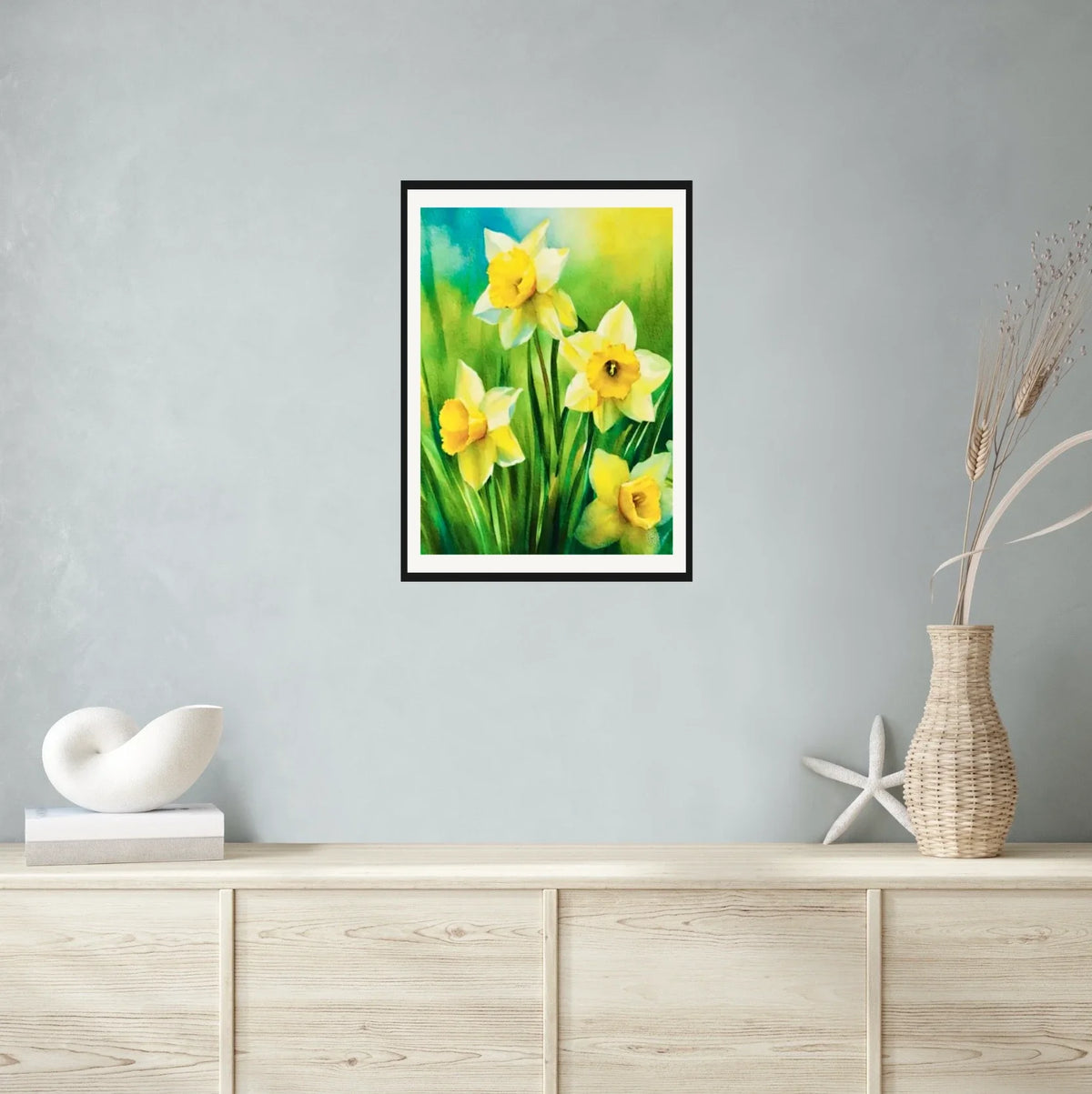 Daffodils - large 24 x 36 matted and framed art print shown hanging on a wall