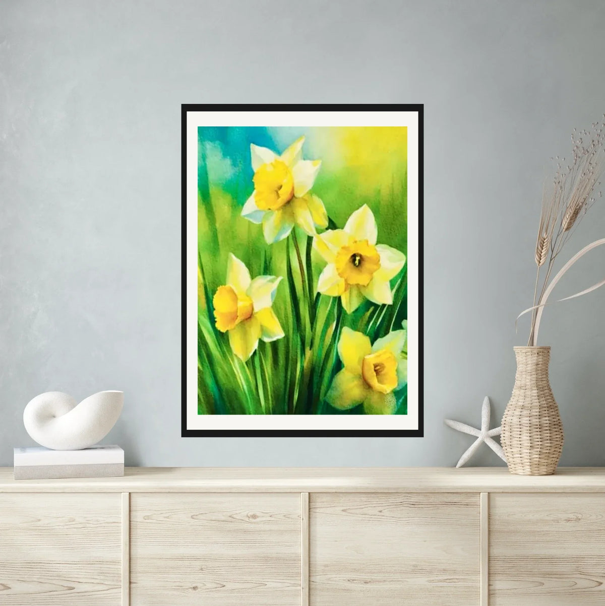 Daffodils - extra large 36 x 48 matted and framed art print shown hanging on a wall