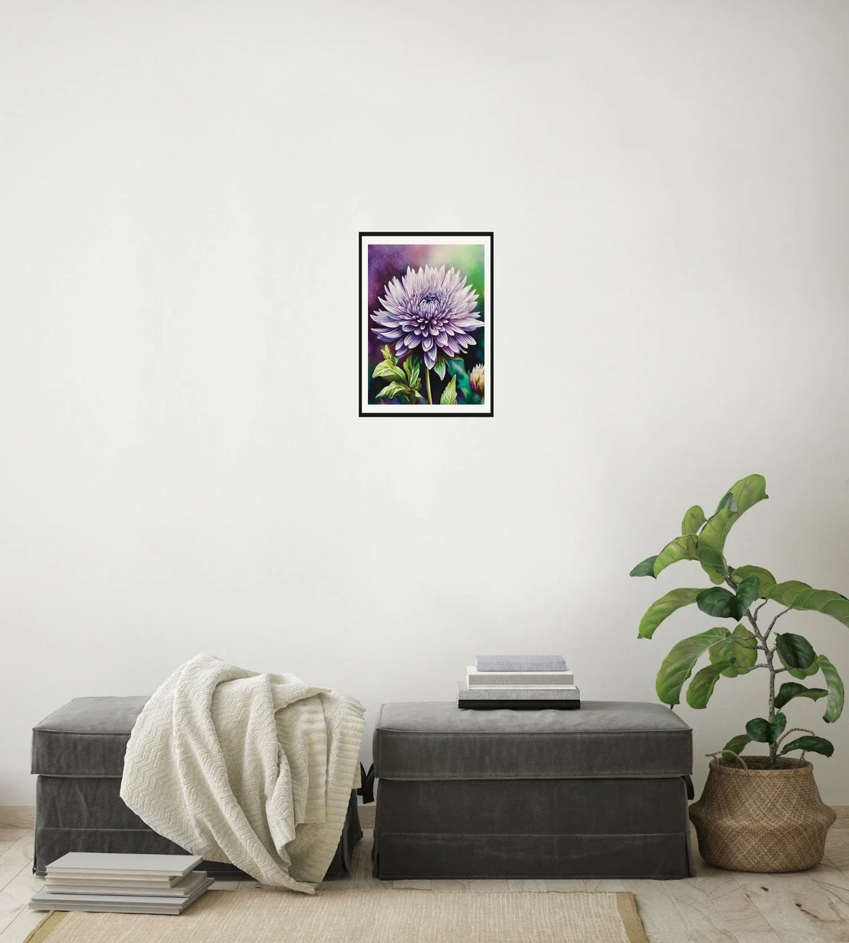 Dahlia - medium 12 x 16 matted and framed art print shown hanging on a wall