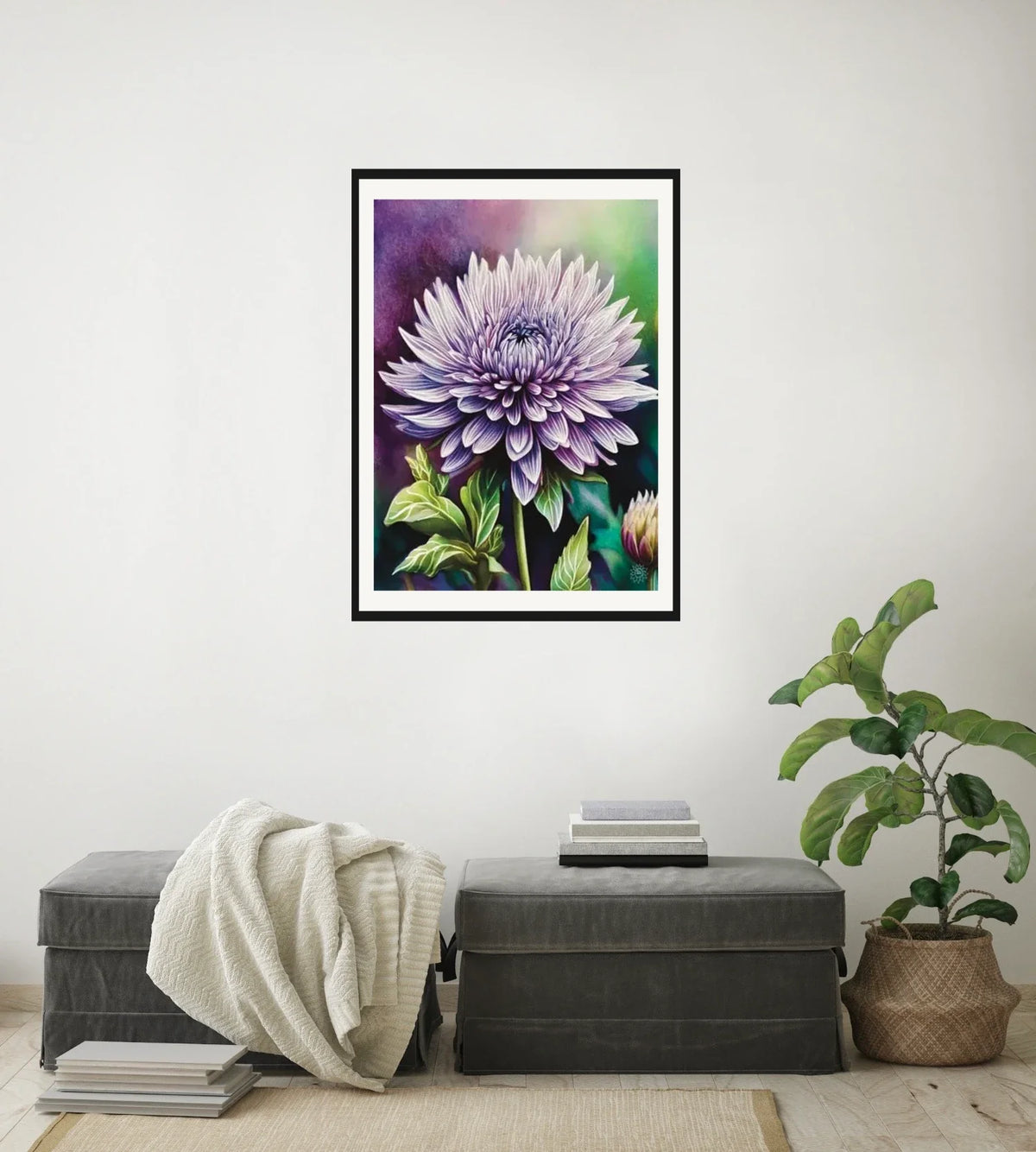 Dahlia - large 24 x 36 matted and framed art print shown hanging on a wall