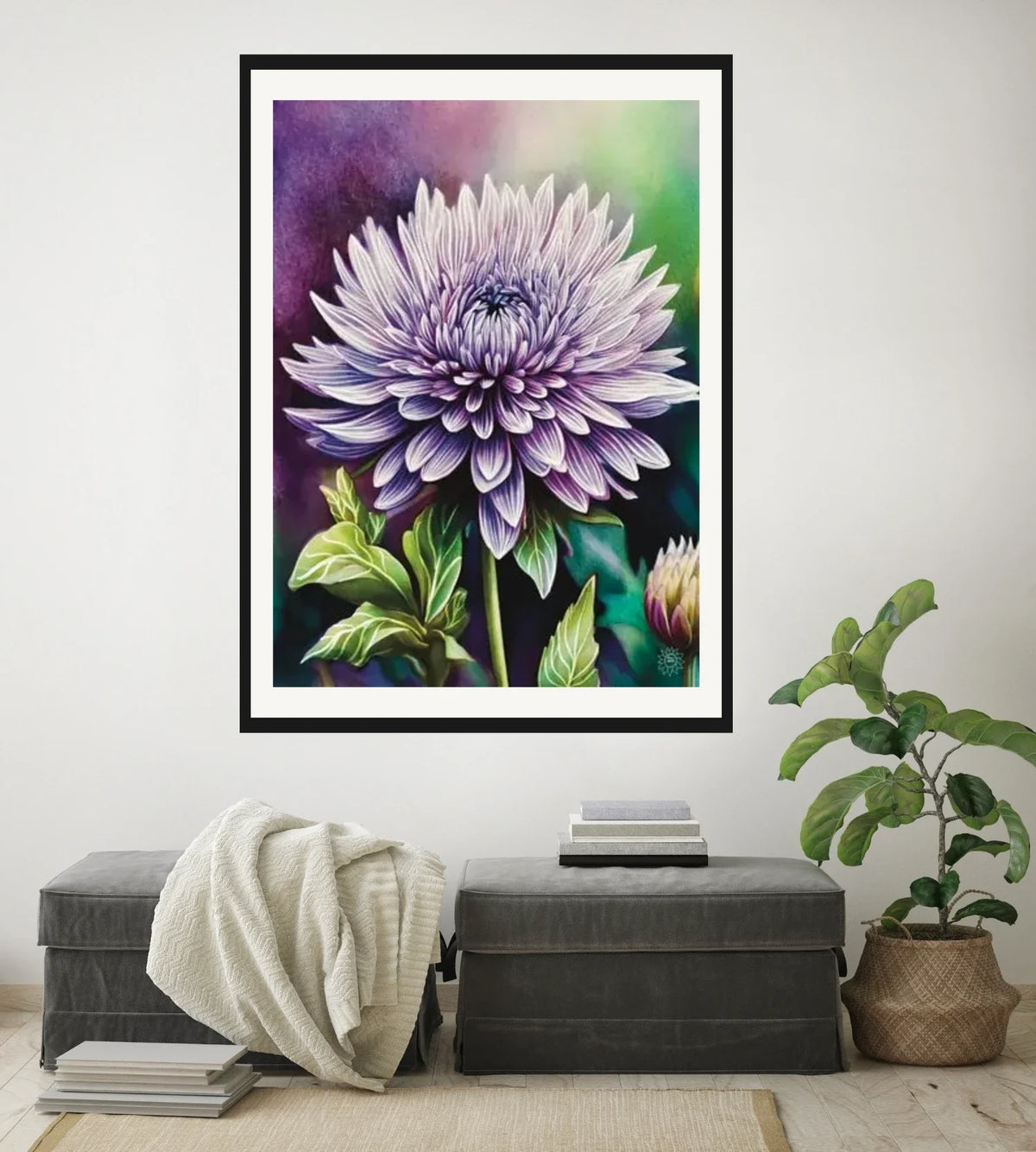 Dahlia - extra large 36 x 48 matted and framed art print shown hanging on a wall