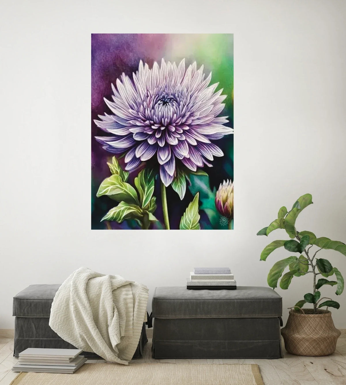 Dahlia - extra large 36 x 48 unframed art print shown hanging on a wall