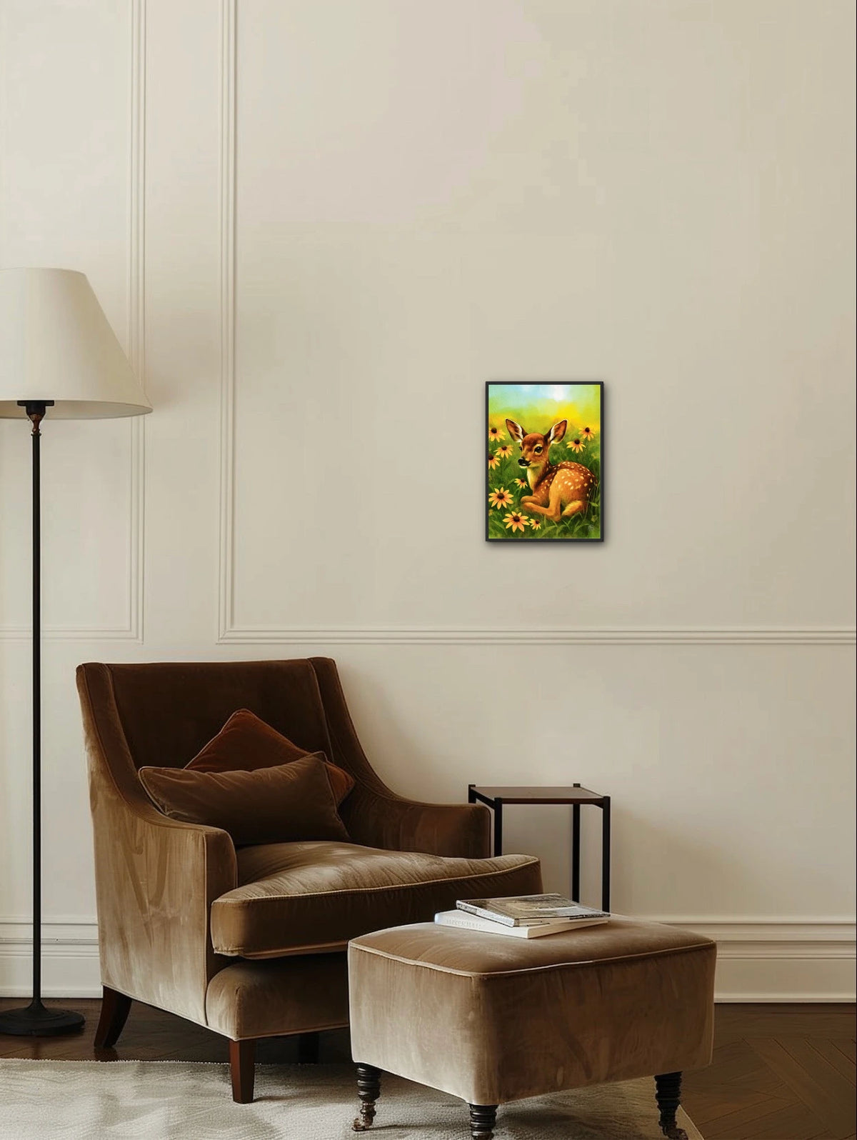 Daisy the Fawn - medium 12 x 16 framed art print shown hanging on a wall