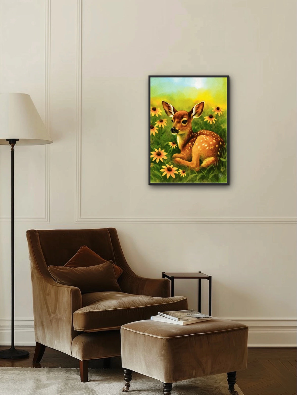 Daisy the Fawn - large 24 x 36 framed art print shown hanging on a wall