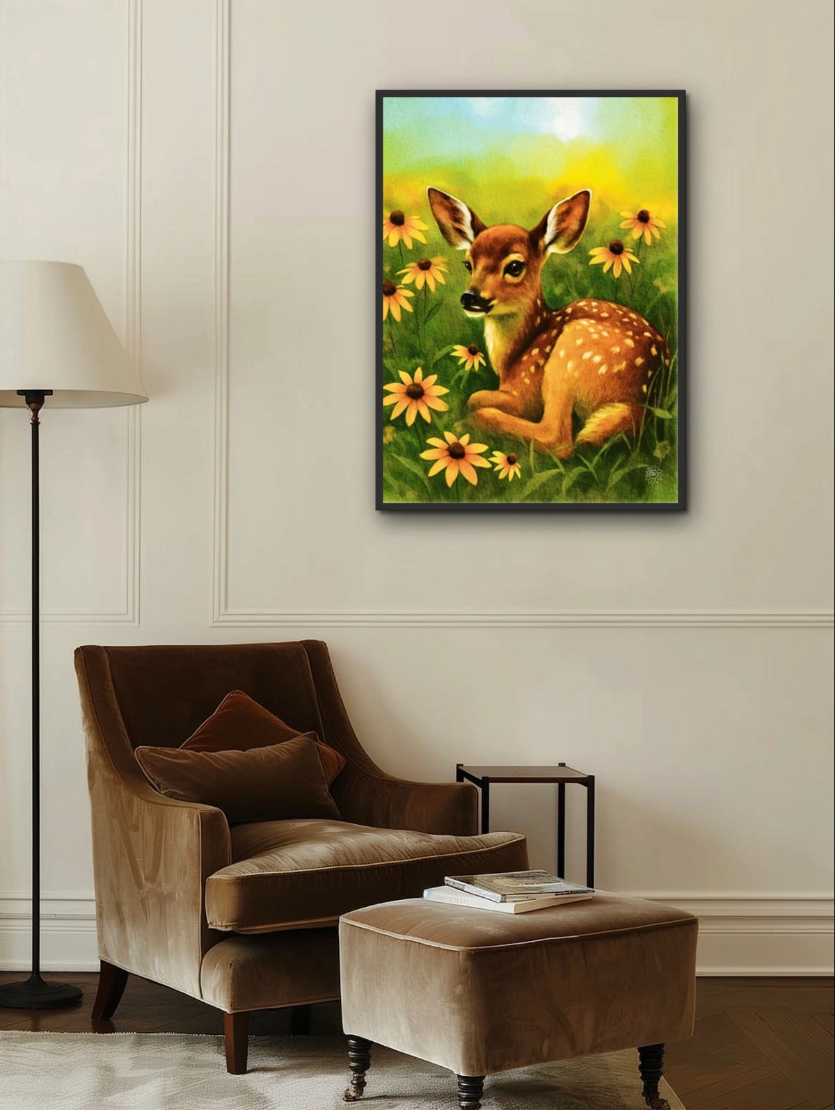 Daisy the Fawn - extra large 36 x 48 framed art print shown hanging on a wall