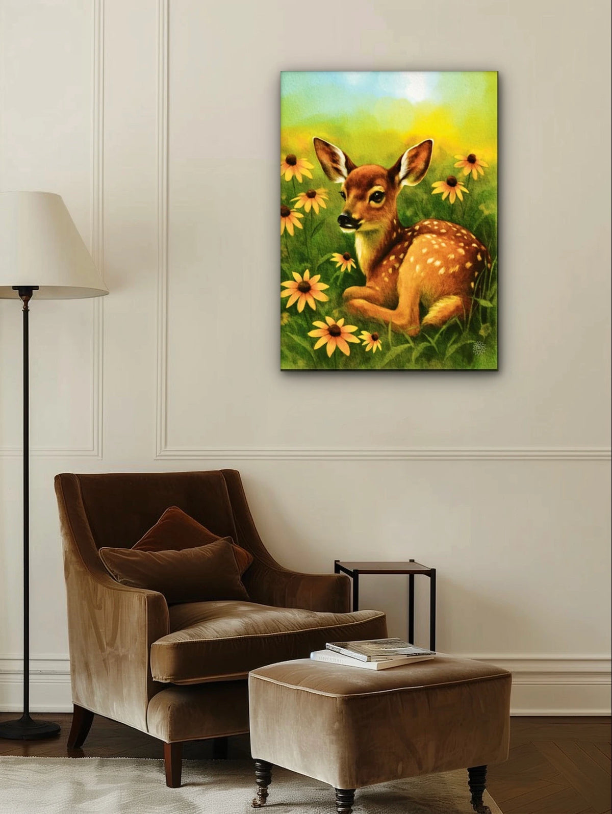 Daisy the Fawn - extra large 36 x 48 unframed art print shown hanging on a wall