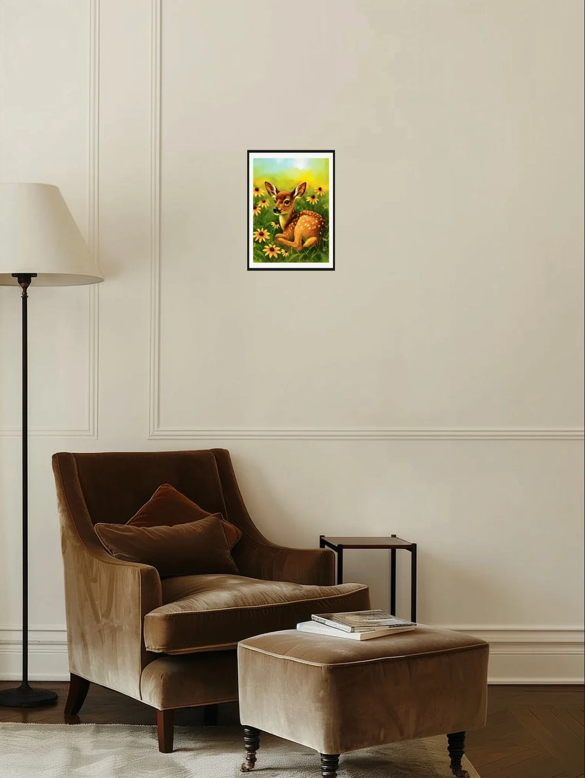 Daisy the Fawn - medium 12 x 16 matted and framed art print shown hanging on a wall