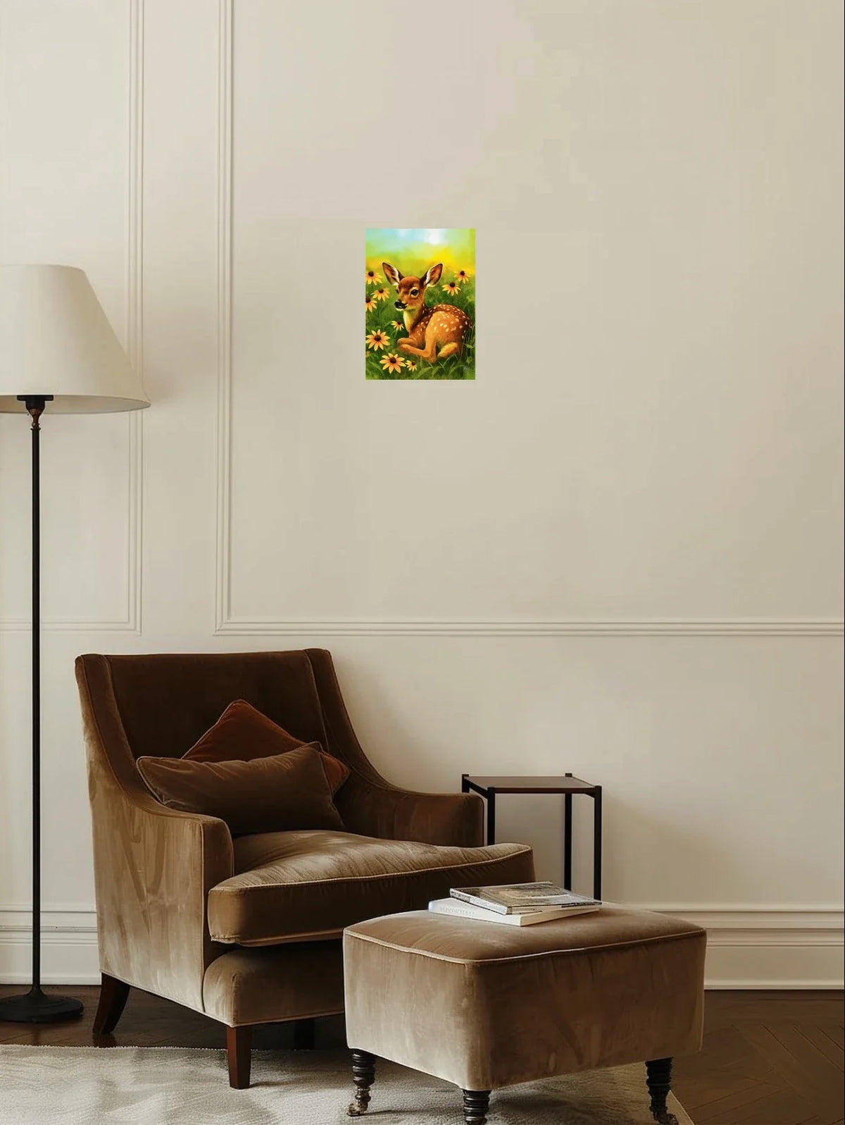 Daisy the Fawn - medium 12 x 16 unframed art print shown hanging on a wall