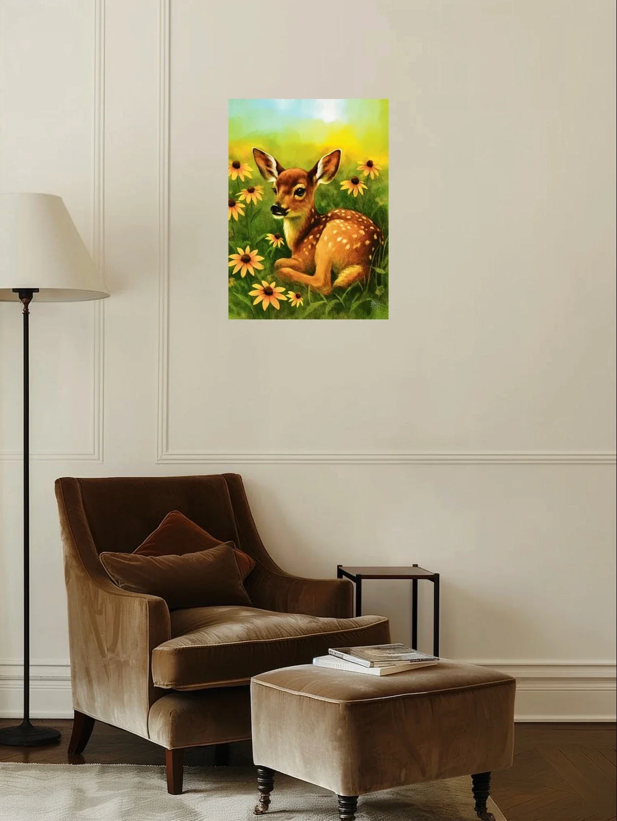 Daisy the Fawn - large 24 x 36 unframed art print shown hanging on a wall
