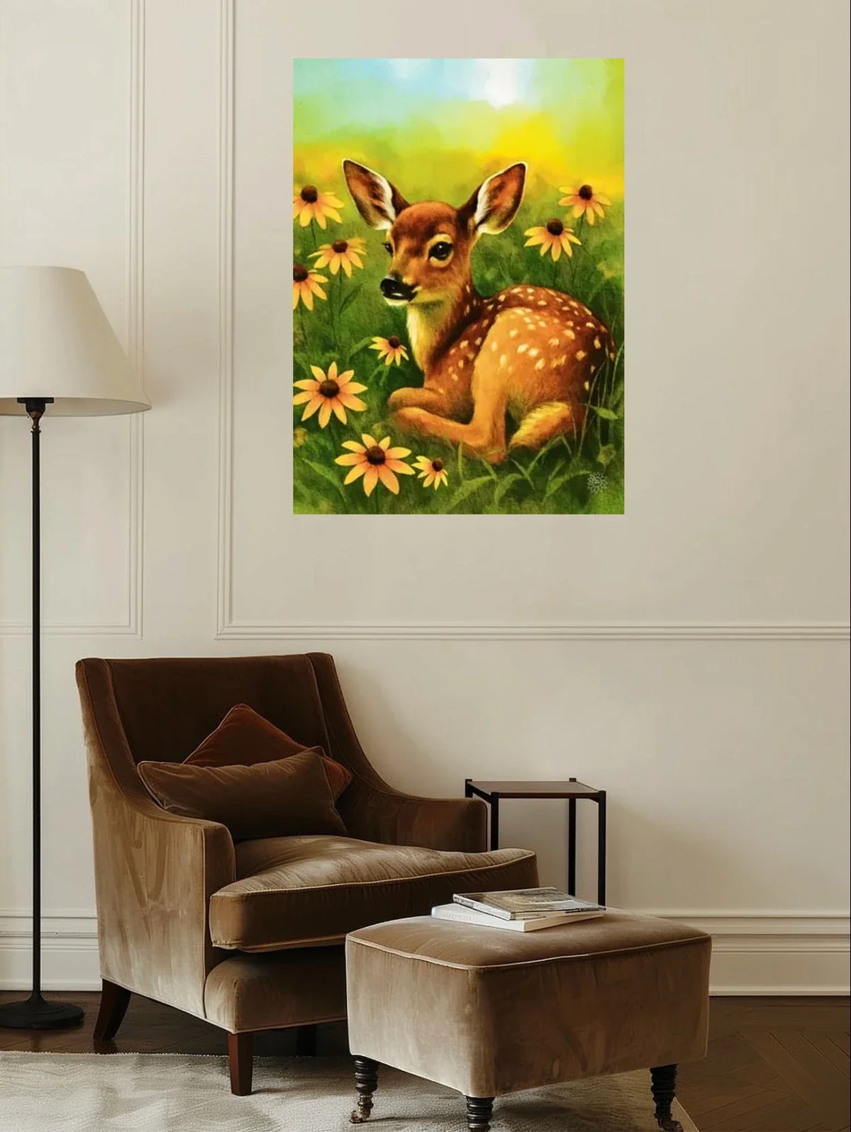 Daisy the Fawn - extra large 36 x 48 unframed art print shown hanging on a wall