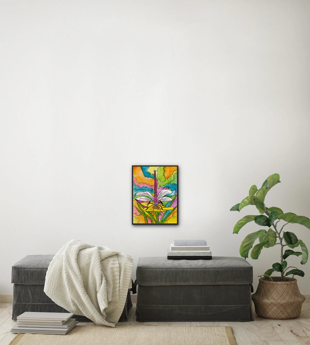 Dart the Dragonfly - medium 12 x 16 framed art print shown hanging on a wall