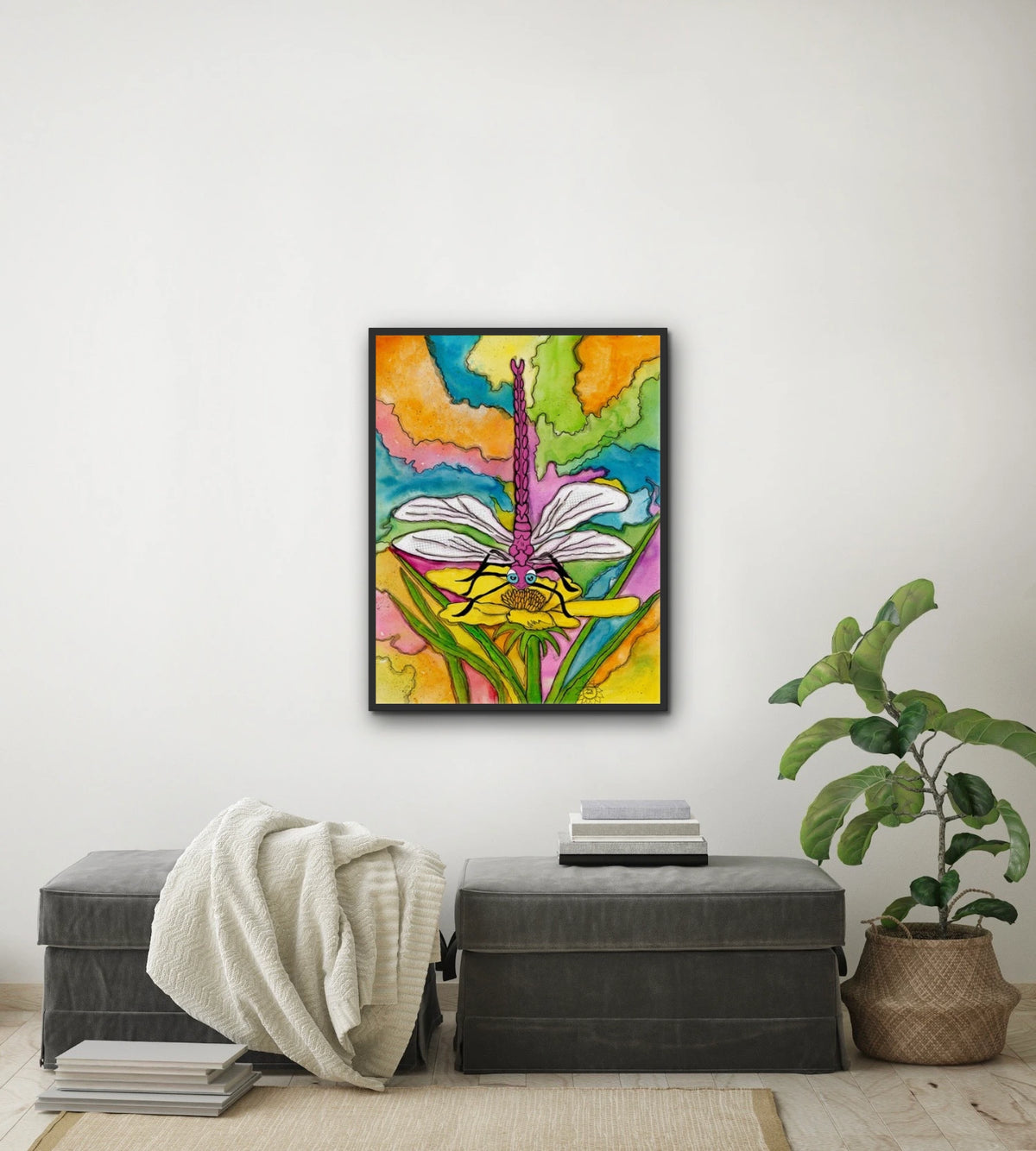 Dart the Dragonfly - large 24 x 36 framed art print shown hanging on a wall