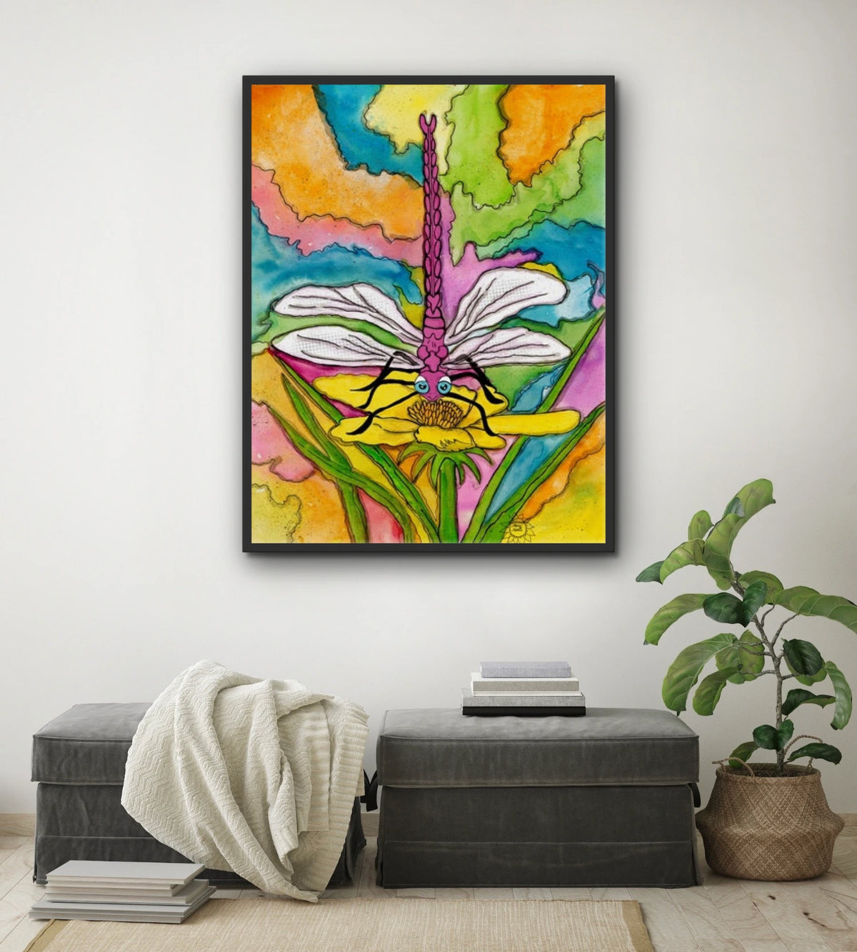 Dart the Dragonfly - extra large 36 x 48 framed art print shown hanging on a wall