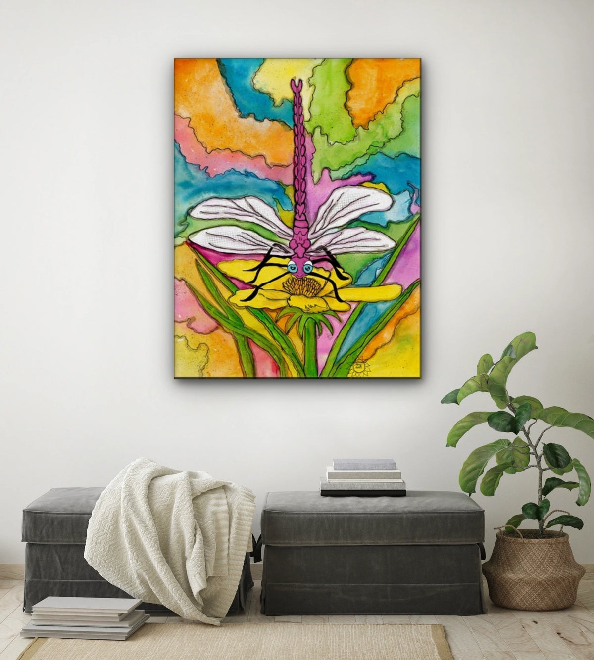 Dart the Dragonfly - extra large 36 x 48 unframed art print shown hanging on a wall