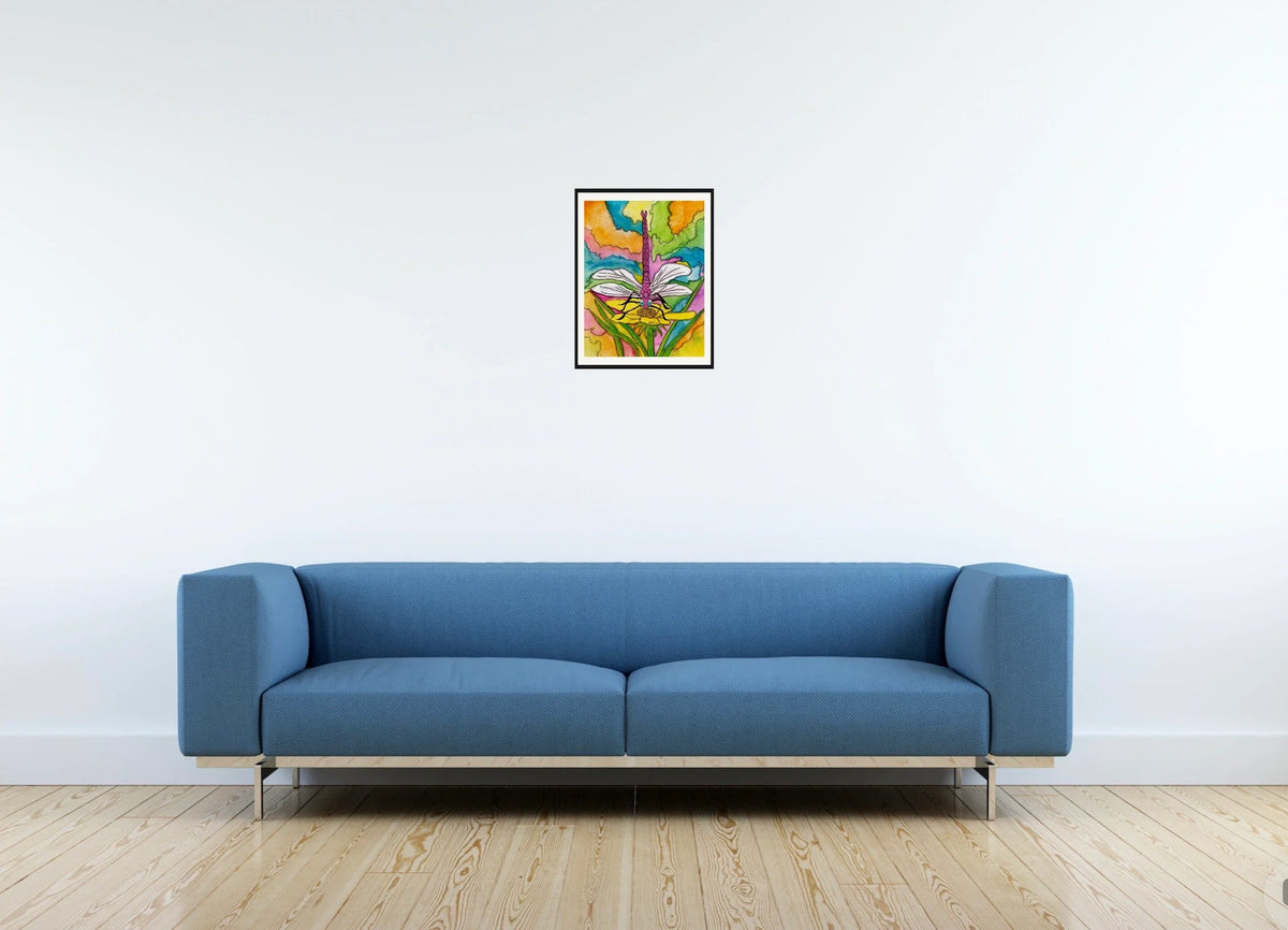Dart the Dragonfly - medium 12 x 16 matted and framed art print shown hanging on a wall
