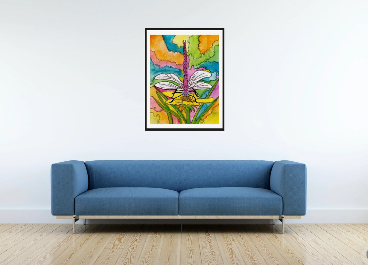 Dart the Dragonfly - large 24 x 36 matted and framed art print shown hanging on a wall