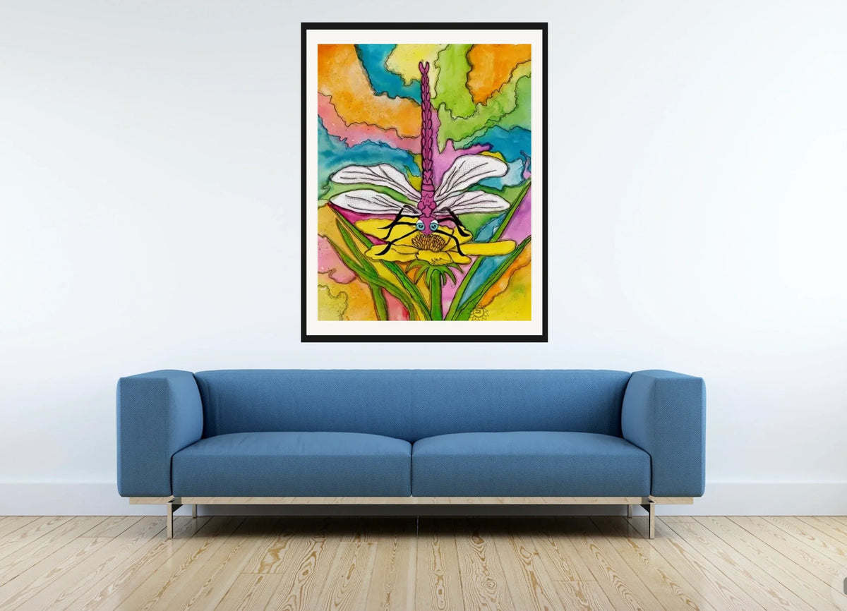 Dart the Dragonfly - extra large 36 x 48 matted and framed art print shown hanging on a wall