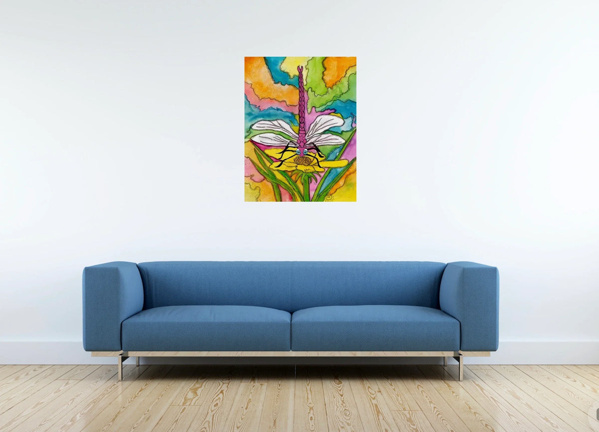 Dart the Dragonfly - large 24 x 36 unframed art print shown hanging on a wall