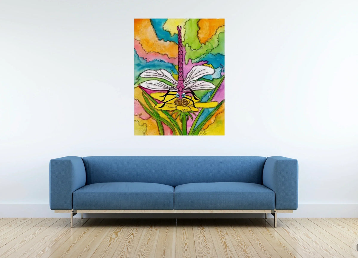 Dart the Dragonfly - extra large 36 x 48 unframed art print shown hanging on a wall