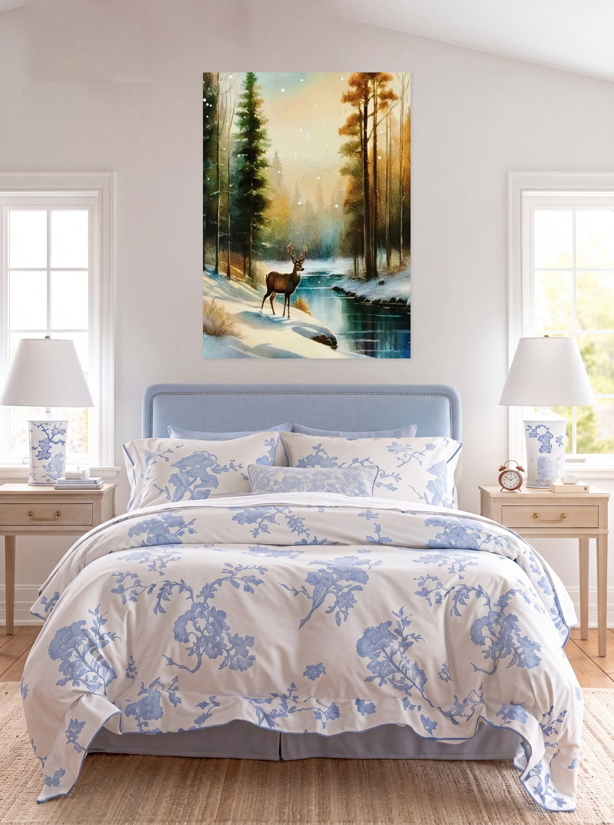 This is an extra large 36 x 48 unframed watercolor art print of a stag standing beside a snowy stream in a winter forest. Created by professional artists, this high-quality watercolor print on textured matte paper adds a touch of character to any home or office decor.